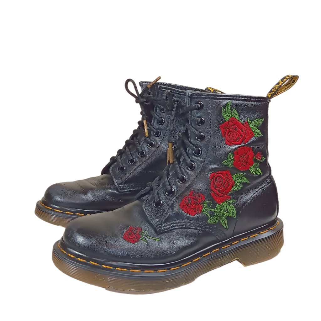 Dr. Martens 1460 Vonda Boots Womens 6 Black Leather Roses Floral Combat Grunge